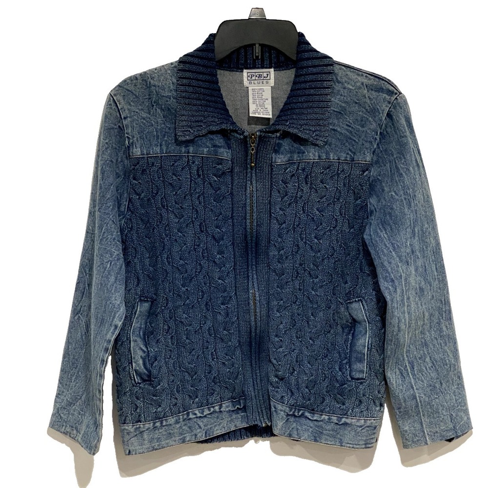 VTG PBJ Blues Denim Blue Full Zip Knit Cardigan Sweater Womens Sz M